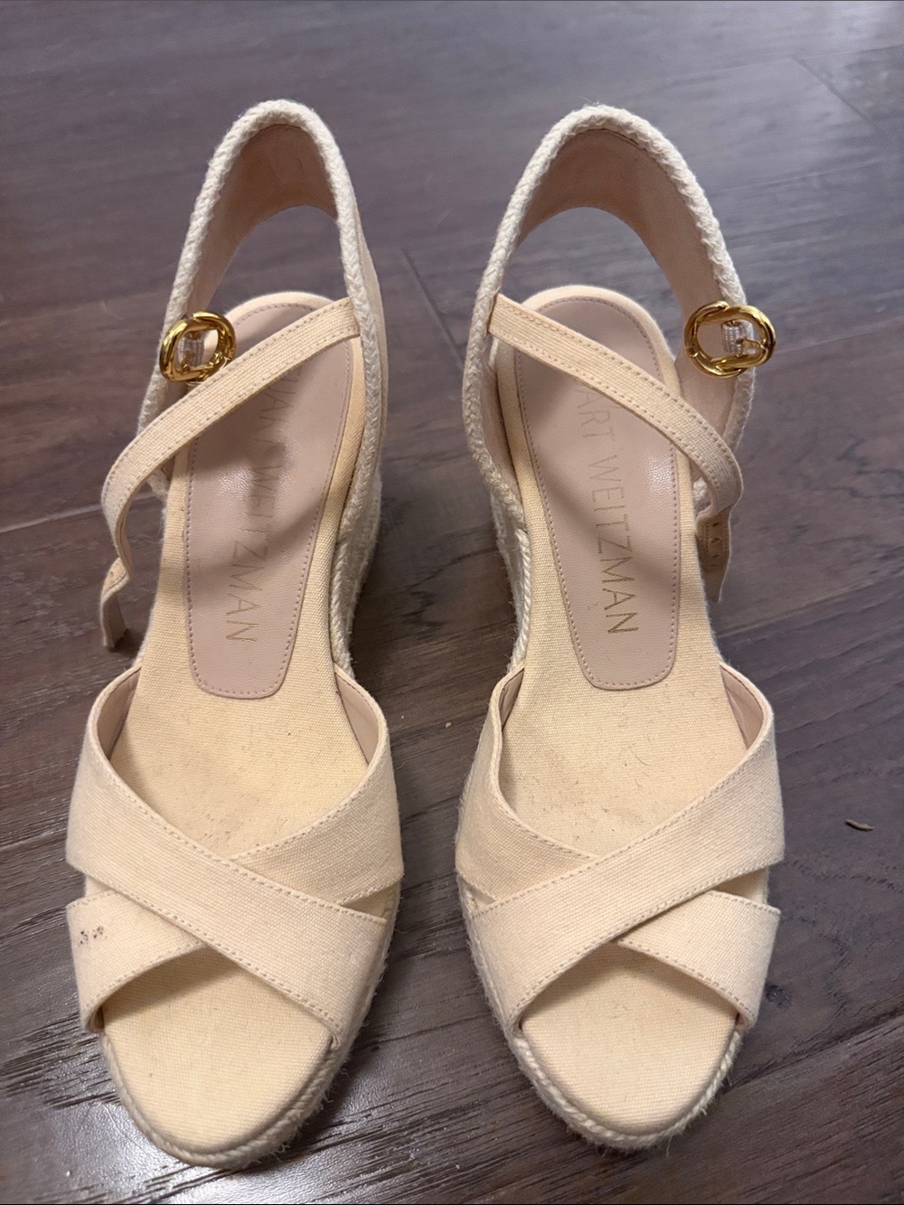 Stuart Weitzman Cream Crisscross Espadrille Wedge Sandals